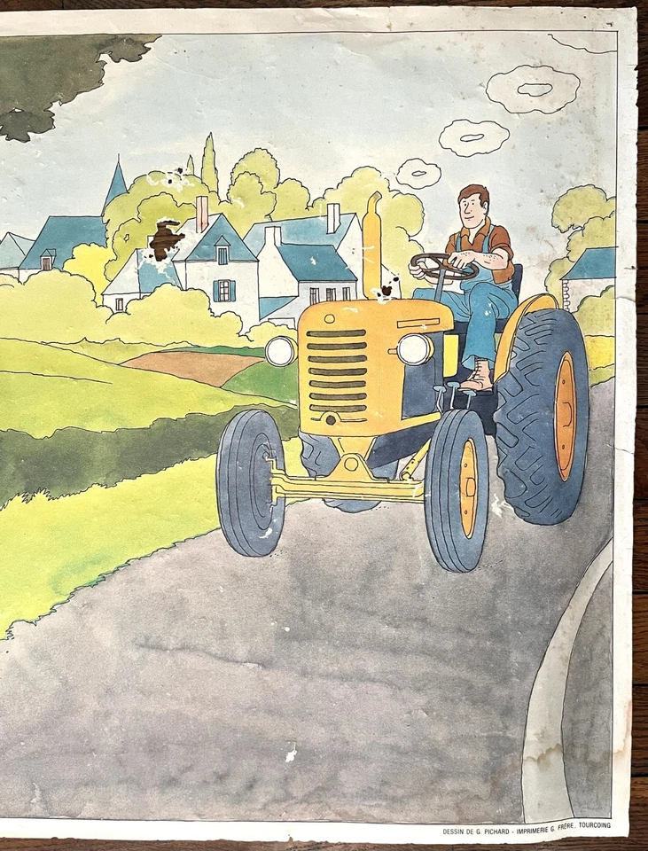 🚜 Ancienne affiche scolaire Sécurité routière, 1960 - Marcher à la campagne - Photo 2/2
