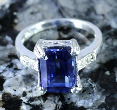 9.99 CT Certifié Naturel Bleu Saphir Émeraude Coupe Gemme Anniversaire Bague - Photo 1/4