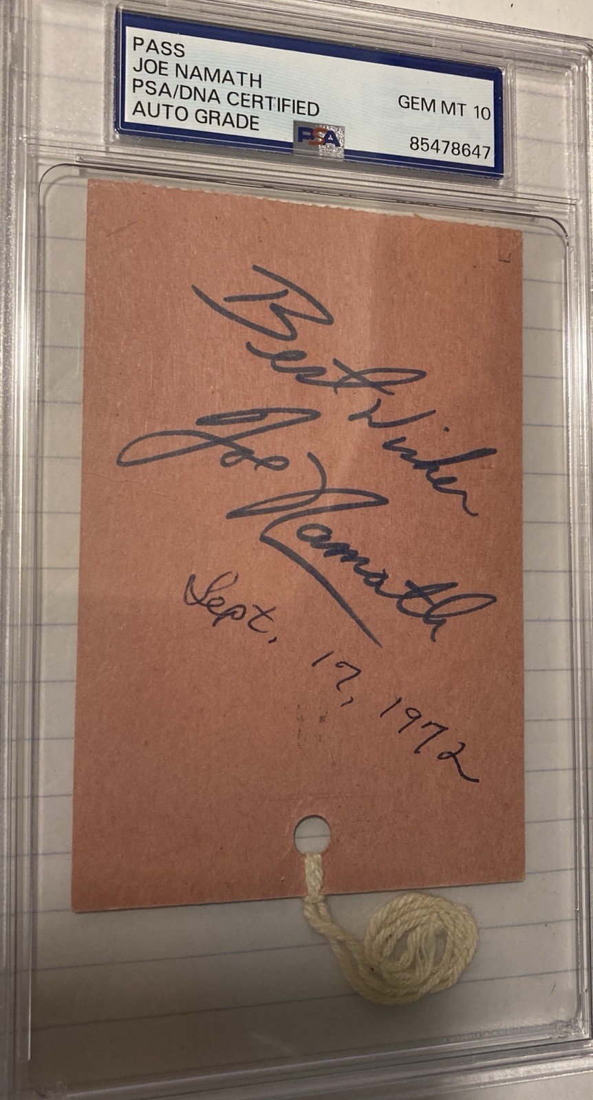 Joe Namath Autographed Signed Game Pass 1972 PSA Gem Mint 10 #12 NY Jets Buffalo Bills 