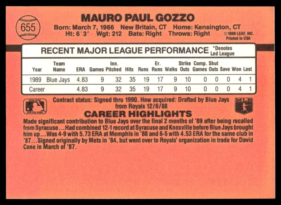 1990 Donruss Mauro Gozzo Rookie Toronto Blue Jays #655 - Image 2 of 2