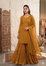 Indian Pakistani Mustard Yellow Kurta Sharara Set Women Embroidered Ethnic Wear
