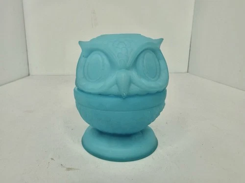 Vintage Fenton Blue Satin Glass Owl Fairy Lamp Art Glass Candle Holder 4”