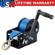 3200lbs Hand Winch Polyester Strap 2 Gear Hand Crank Gear Winch ATV Boat Trailer