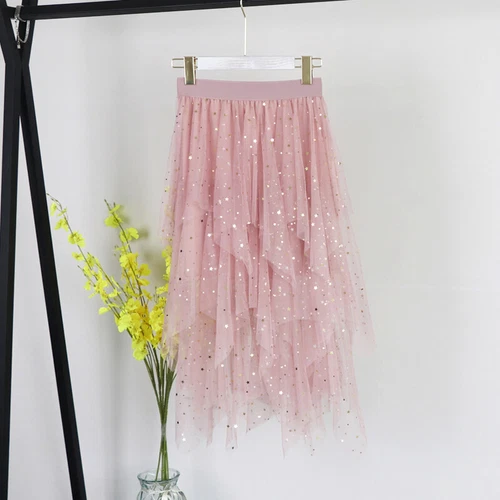 Damen Asymmetrisch Pailletten Ballett Besen Elastische Taille Kleid Puffy Tutu Tüllrock - Bild 6 von 18