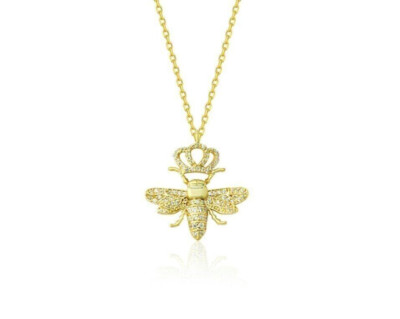 0.65 Ct Round Real Moissanite Queen Bee Pendant Necklace 14k Yellow Gold Plated