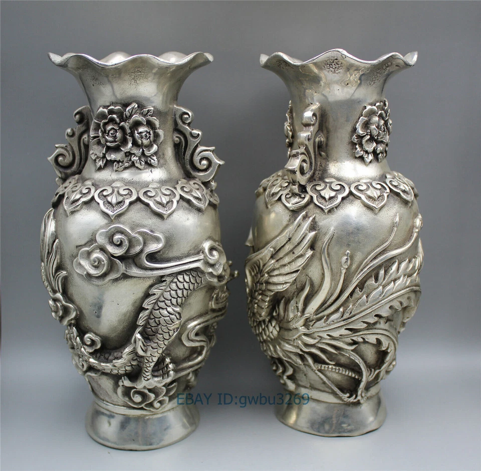Collection old Tibet silver Vase Handwork carved dragon& Phoenix w Qianlong Mark - Image 3 of 4