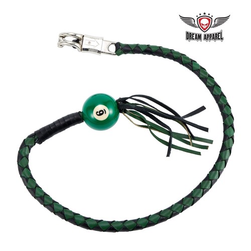 36" Black and Green Fringed Get Back Whip with Pool Ball for Motorcycles - Picture 2 of 8