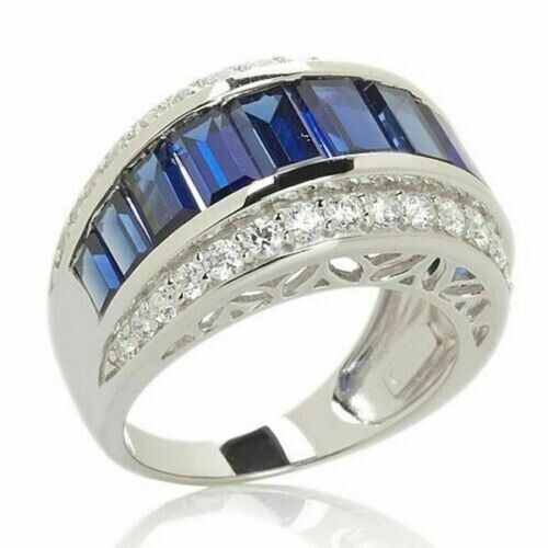 Men's Princess Cut Lab-Created Sapphire 3-Row Wedding Ring 14K White Gold Finish - Picture 2 of 6