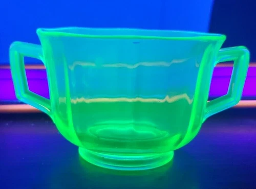 Vintage Green Depression Uranium Glass Sugar Bowl