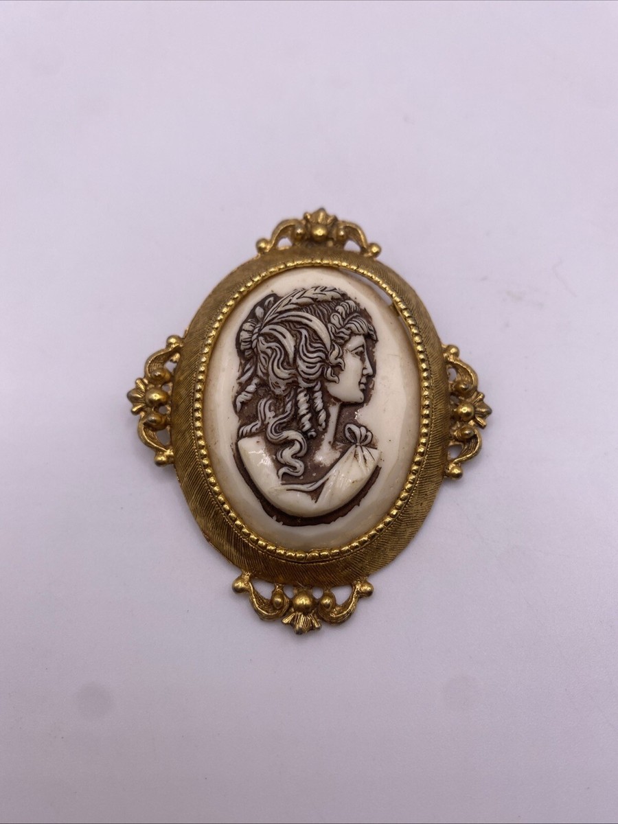 Antique Brooch Pin FLORENZA Artificial Ivory French Lady Cameo | eBay