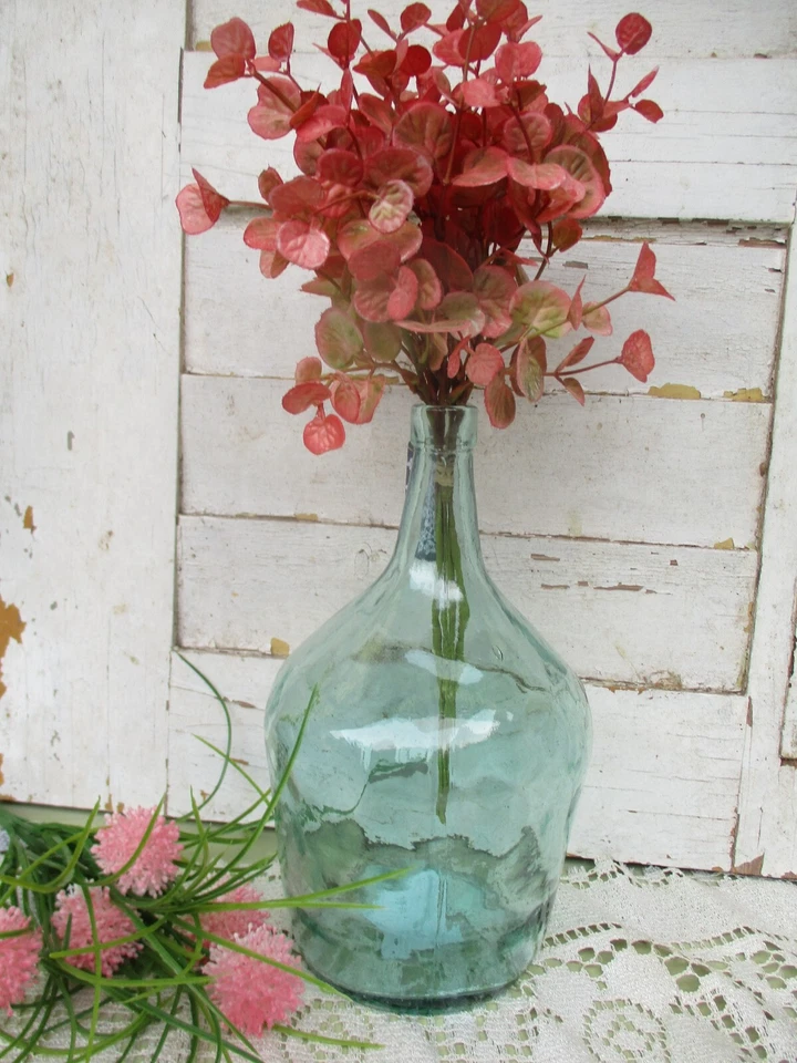 Vase Glas Keraffe Blumenvase blau grün mundgeblsen Landhaus bauchig rund - Bild 1 von 1