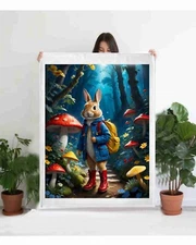 Kids Rabbit in a Musroom forest Fleece Blanket Art Poster Childrens Art