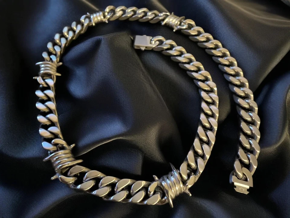 Collar de alambre de púas, cadena cubana, acero inoxidable 316L, joyería punk Foto 3 de 4