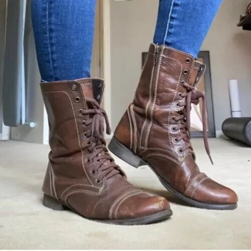 Impermeable Desconexión Enorme Steve Madden Womens Troopa Combat Boots 6 M Brown Leather Lace Up Side  Zipper | eBay