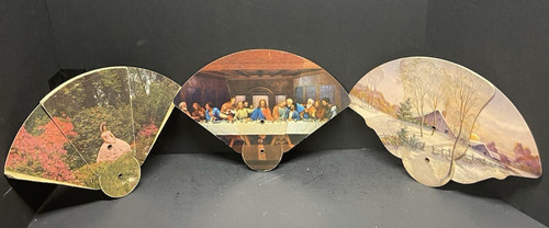 Vtg Lot of 3 Tri Fold Cardboard Advertising Hand Fans Last Supper, Rural Winter
