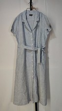 Quince Women 100% European Linen Button Front Dress Blue Pinstripe L