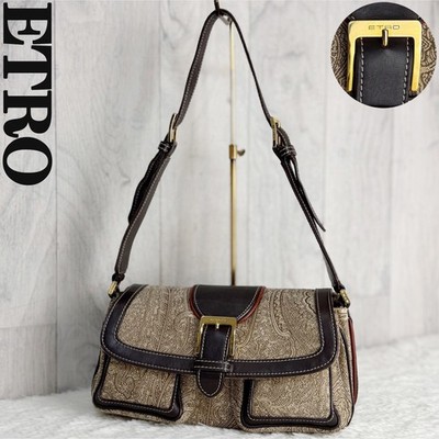 ETRO Shoulder bag Paisley Jacquard Leather Brown Authentic From Japan Y2K