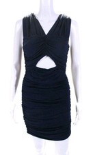 Love Shack Fancy Ruched V Neck Sleeveless Mini Sheath Dress Navy Medium Cut-out 