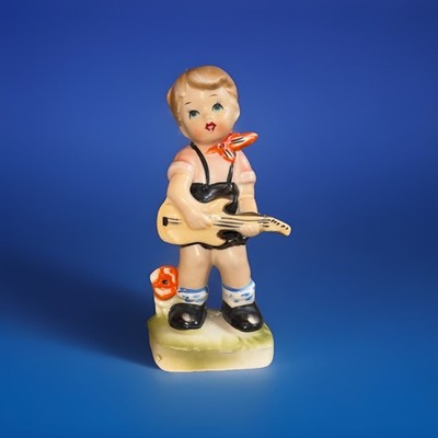 Vintage RARE Japanese Midcentury Porcelain Figurine Boy Playing Guitar & Flower