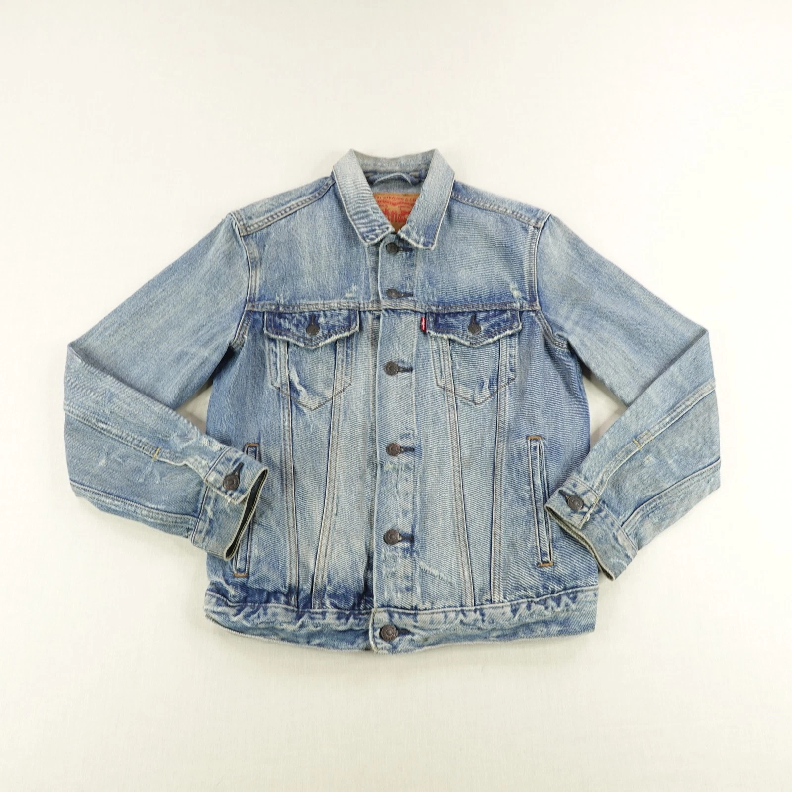 Levis Jacket Mens Small Blue Denim Jean Trucker Type 3 Coat Button Up Red Tab ^
