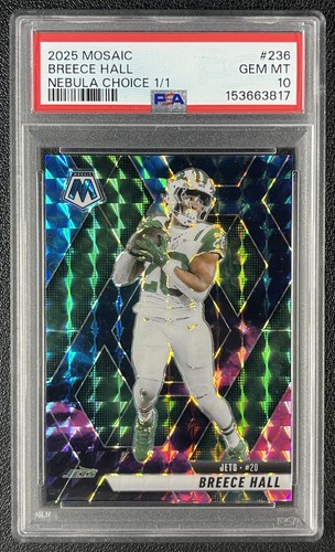 1/1 BREECE HALL PSA 10 2025 PANINI MOSAIC #236 CHOICE NEBULA PRIZM 1/1 JETS
