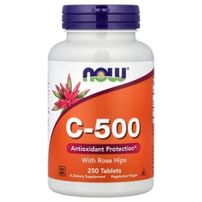 Now Foods C-500 With Rose Hips 250 Tablets GMP Quality Assured, Kosher, Vegan,