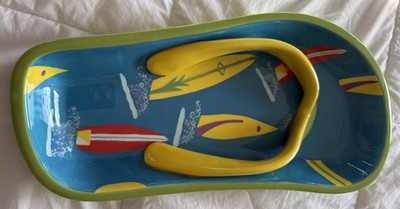 Dennis East Flip Flop Sandal Dip Salsa Blue Ceramic Dish Bowl 15''