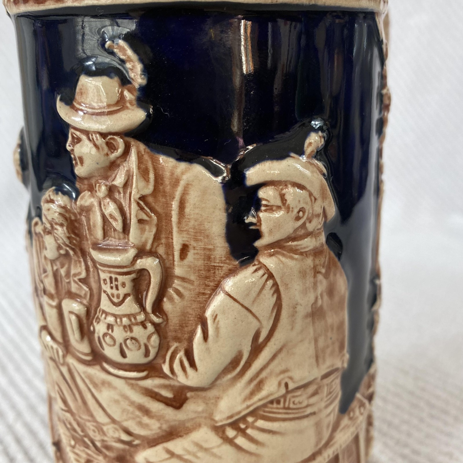 Vintage Gerz Germany Lidded Beer Stein Pewter Lid Tavern Scene Relief Ceramic