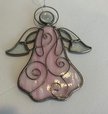 Vintage Stained Glass Angel Figurine Floating Wings Pink Milk Glass Sun Catcher