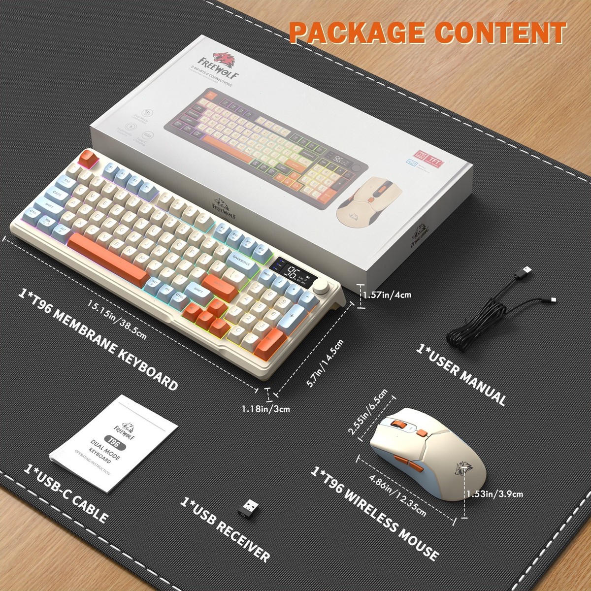 FREEWOLF T96 Wireless Gaming Keyboard and Mouse Combo Dual-Mode