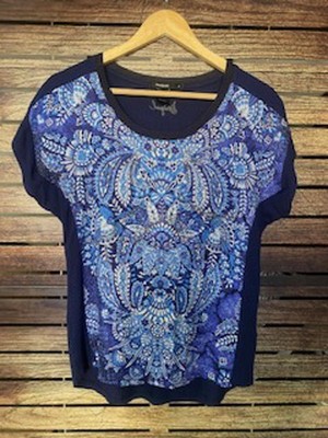 Desigual Blue Patterned Short Sleeve Shirt Medium