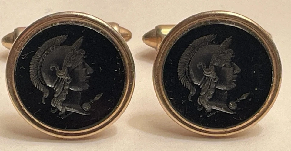 Mens Vintage Cufflinks Roman Greek Gold Black Classical KREMENTZ intaglio seal - image 2 of 4