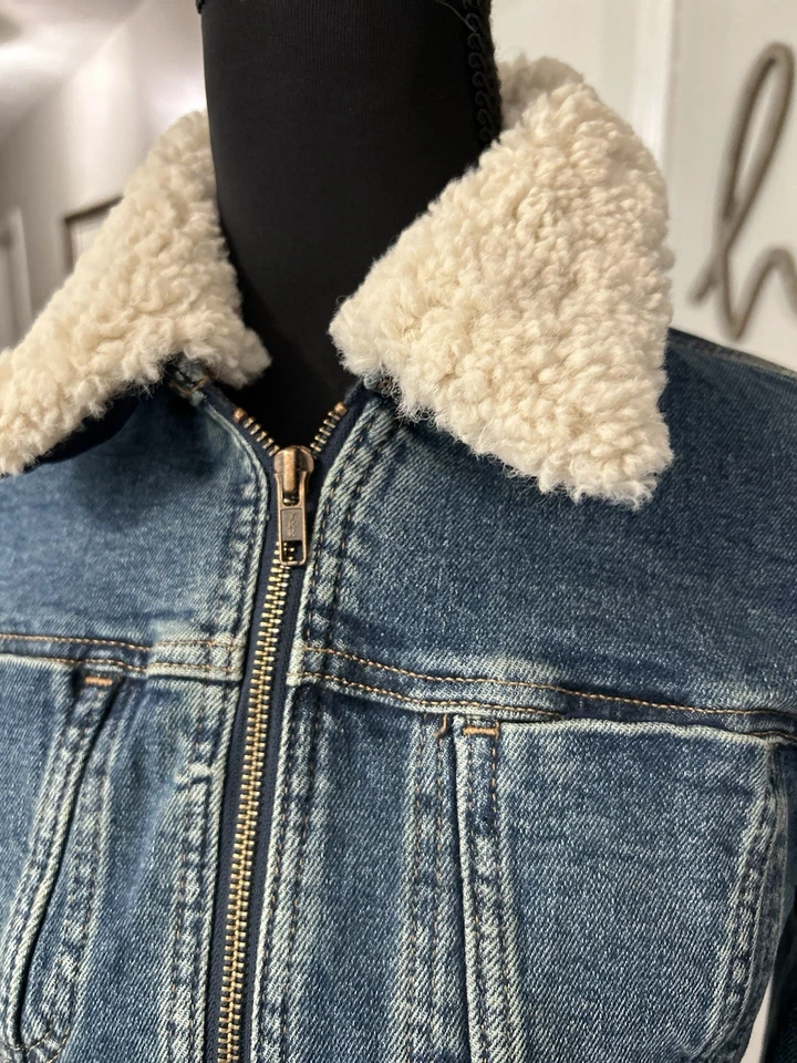NWT Mango Mng Removable Shearling Collar Denim Jacket Blue XS (Orig. $100) - Image 4 of 4