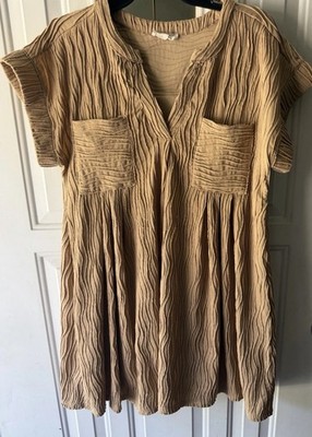 Entro Boutique Textured Casual Dress Warm Taupe V Neck Front Pockets Size M