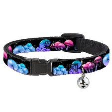 Cat Collar Breakaway with Bell Mushroom Glow Black/Multi Color NARROW Fits 8.5-1