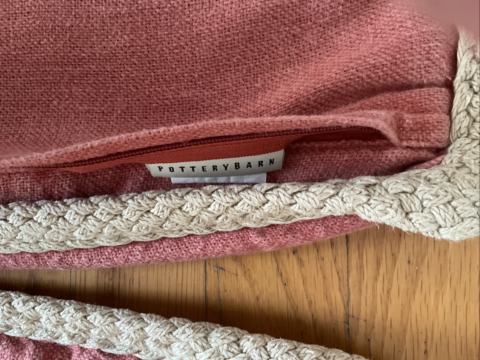 Pair Pottery Barn Linen Salmon Pink Pillow Covers Braided Rope Trim 24 X 24