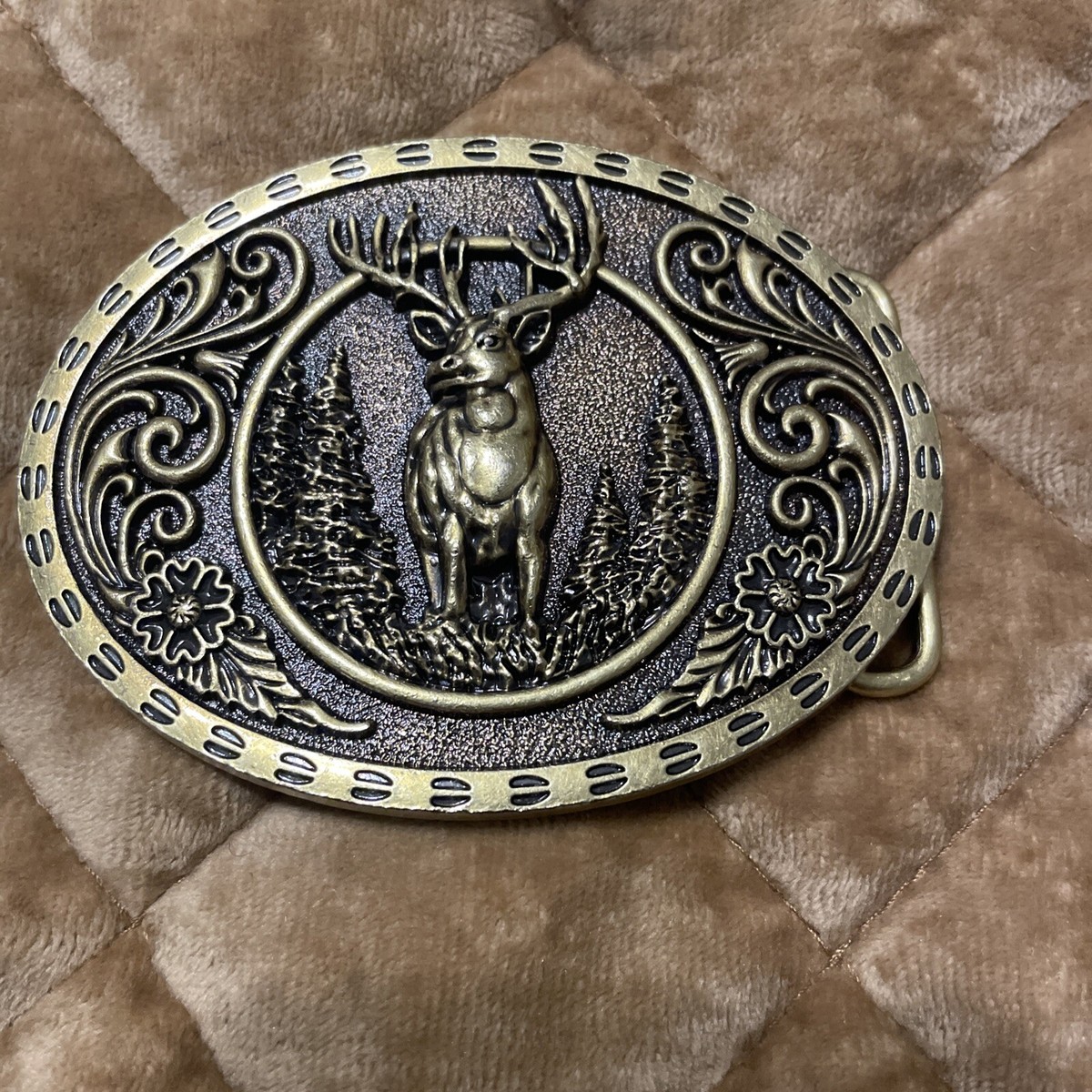 Vintage Brown Leather Belt with Montana Silversmiths Silver Plated Stag Buckle Montana Silversmiths Buckle & Hand-tooled Leather Belt  main image 3