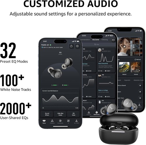 Bezprzewodowe słuchawki douszne TOZO A1 Bluetooth 5.3 IPX5 mikrofon + połączenie AI, 32 KOREKTOR, etui ładujące - Zdjęcie 5 z 6