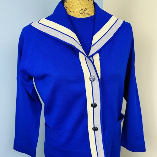 50s Amalfi Imports 3 Pc Italian Wool Knit Womens Suit Blue Pencil Skirt Sz L 12 - Picture 2 of 18