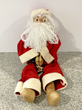 Handmade Santa Claus Doll Shelf Sitter Primitive Yarn Hair Gold Bells Glasses
