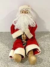 Handmade Santa Claus Doll Shelf Sitter Primitive Yarn Hair Gold Bells Glasses