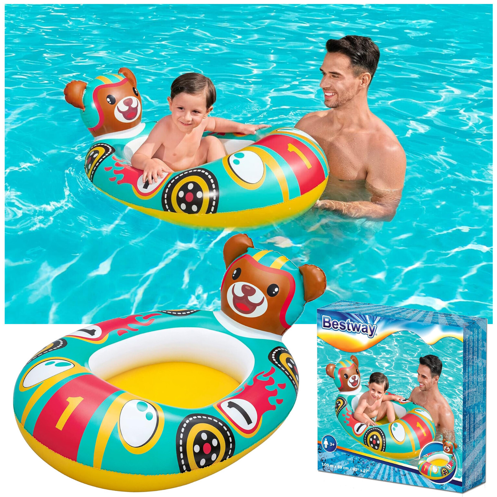 Flotador inflable de juguete de piscina para niños en barco coche de carreras de peluche