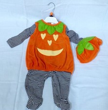 NWT girl boy PUMPKIN HALLOWEEN 3 pc costume striped romper hat set 6-9 months