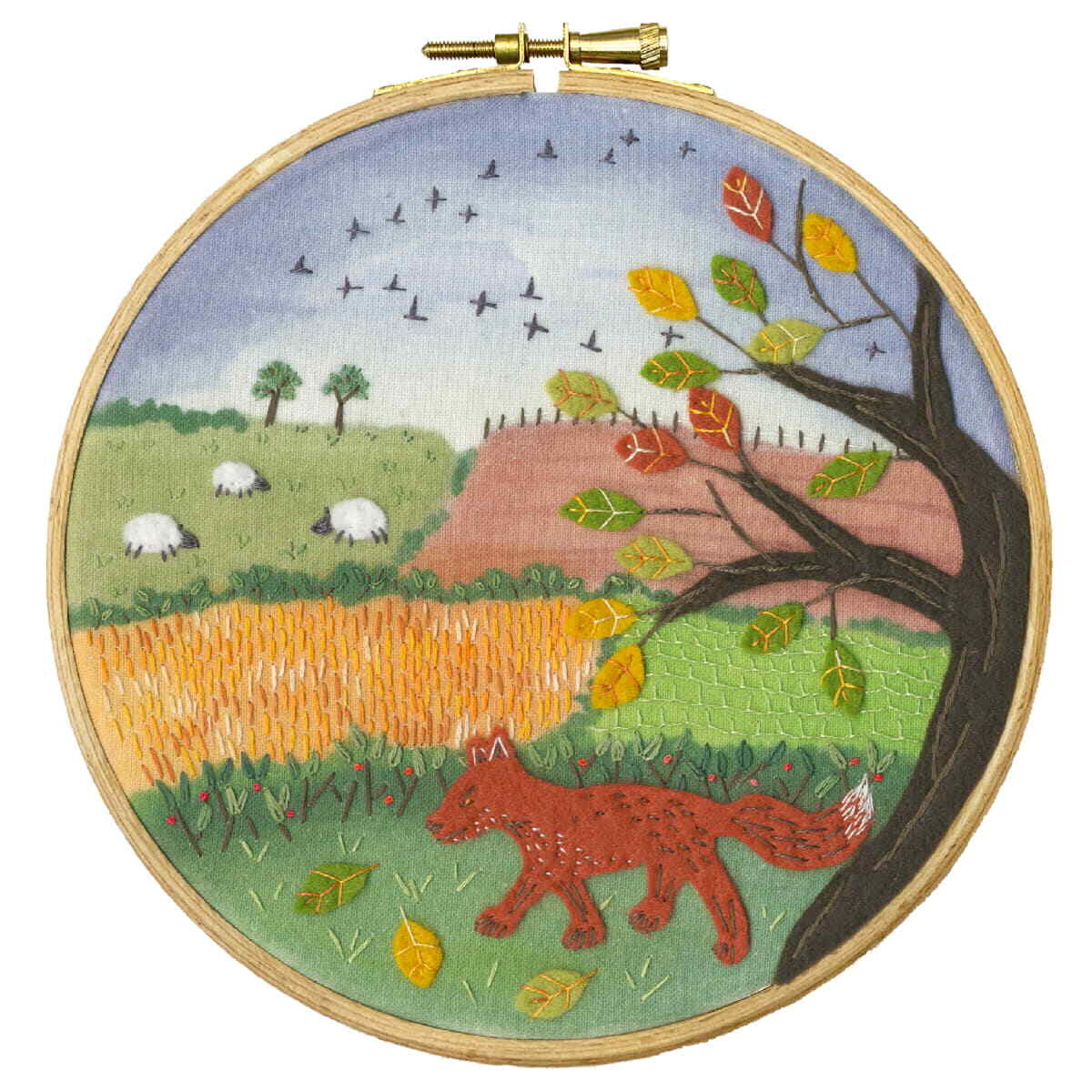 Bothy Threads felt embroidery with wooden hoop, printed background ""Falling Leav