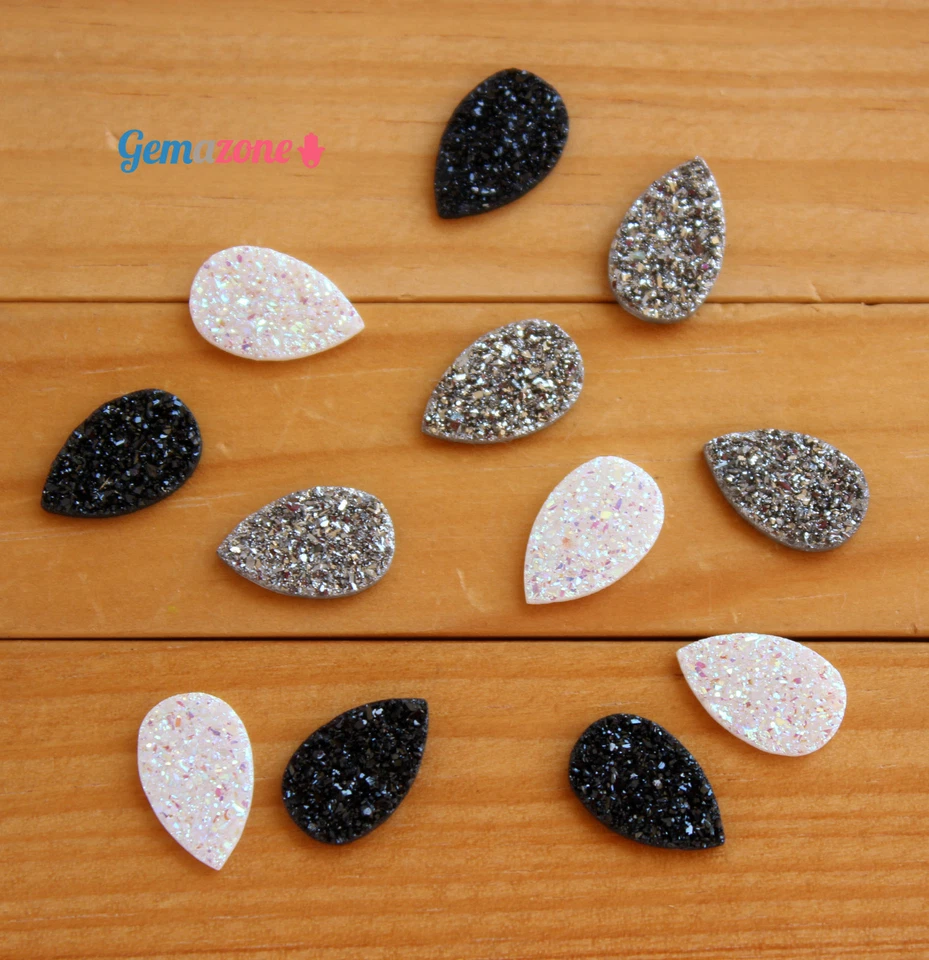 Natural Druzy Pear Cabochons Faux Drusy Silver Black White Loose Gemstone 2PCS - Image 4 of 4