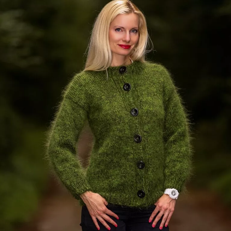 Green mohair sweater cardigan hand knitted thick fuzzy wool jacket