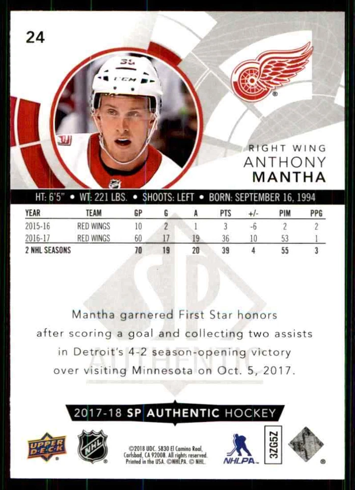 2017-18 Upper Deck SP Authentic Anthony Mantha #24 - Image 2 of 2