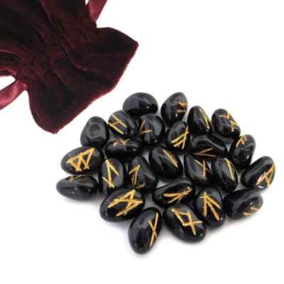 Black Onyx Rune Set w/ Burgundy Velvet Bag NEW