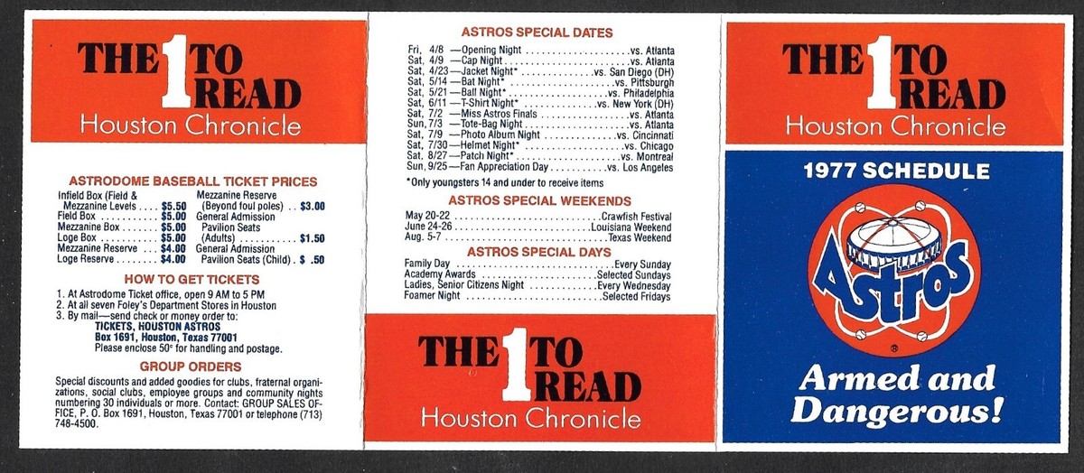 1977 HOUSTON ASTROS Houston Chronicle Regular Season POCKET 