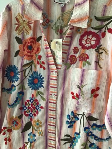 Johnny Was Multicolor Long Sleeve Floral Striped Embroidered Button Up Top L - Picture 2 of 4